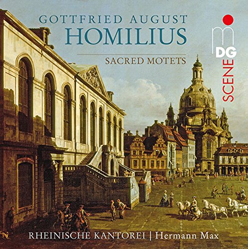 "Album cover with a 18th-century cityscape painting and text 'Gottfried August Homilius Sacred Motets'."
