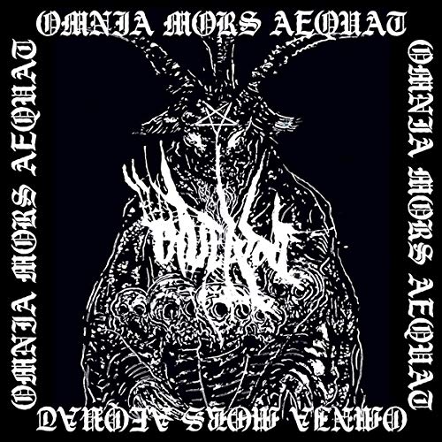 A black vinyl record cover with a white, occult-themed illustration and text.