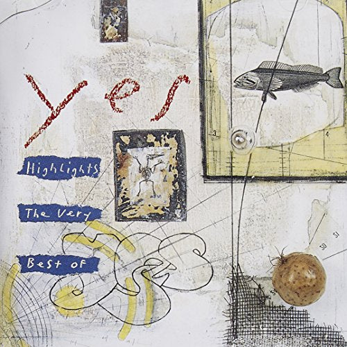"Album cover with mixed media art, fish, and abstract shapes, titled 'Yes Highlights The Very Best of'."
