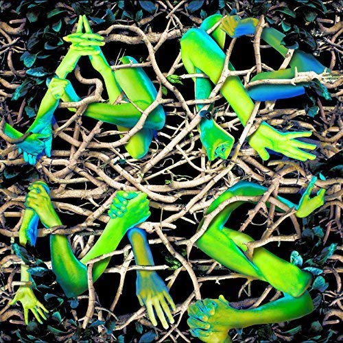 Bright green and blue arms tangled amongst dark, branching shapes.