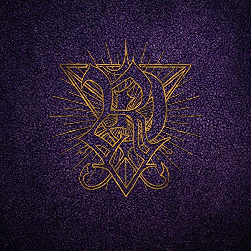 Gold geometric design of a feline head on dark purple textured background.