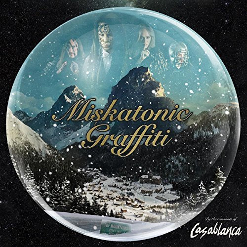 A vinyl record cover featuring a snow globe with mountains and the title "Miskatonic Graffiti".