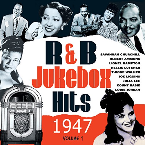 "CD cover with 'R&B Jukebox Hits 1947 Vol.1' title, surrounded by black-and-white artist portraits."