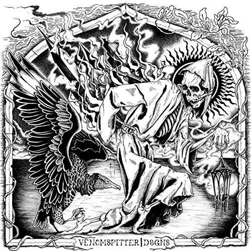 Black and white illustration of a hooded skeleton with a vulture.