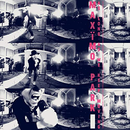 "Maximo Park album cover with black and white band photos and pink text."