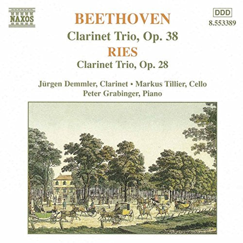 A CD cover featuring a vintage park scene illustration with Beethoven's Clarinet Trio details.