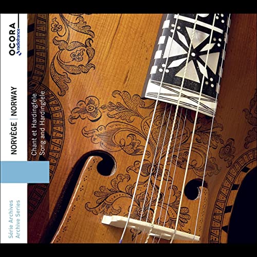 Close-up of a Hardanger fiddle with intricate floral carvings and a decorative bridgeCCSLH