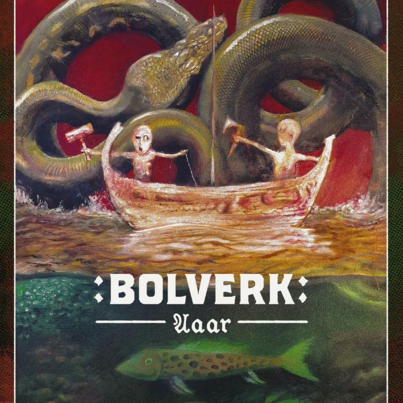 Painted album cover depicting a boat with figures and a large serpent.