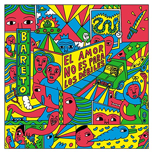 "Album cover with vibrant, abstract illustrations and Spanish text on a colorful background."