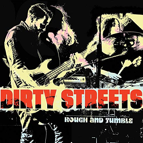 "Album cover with a black background, featuring a band performing, with bold red and white text."