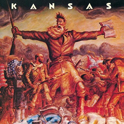 "Kansas" album cover art featuring a man standing on a battlefield with guns.