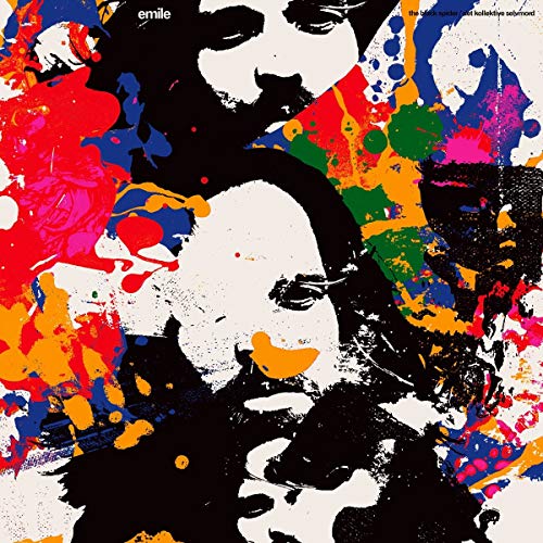 Album cover with black and white faces obscured by colorful paint splatters.