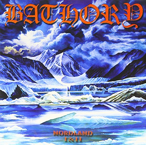 Album cover for Bathory’s Nordland I & II, featuring snowy mountains and sky.