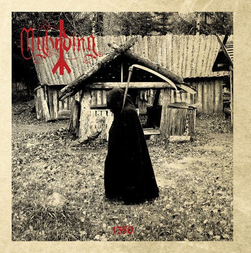Black and white image of a cloaked figure with a scythe, old building.