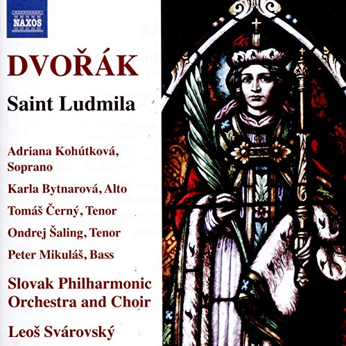 "Album cover with stained-glass image of saint and red text on white background."
