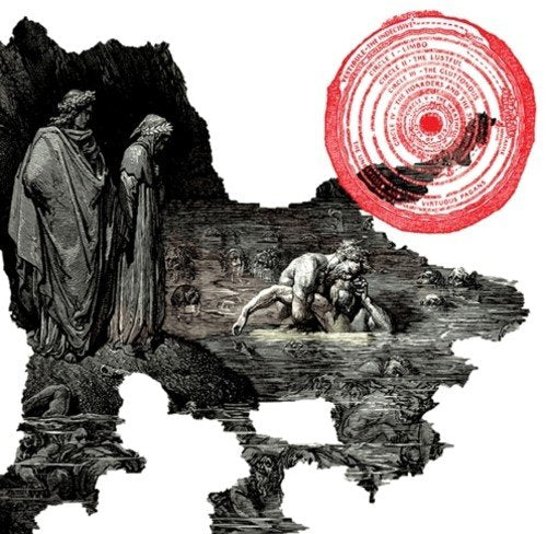 Vintage-style illustration of figures in a hellscape, with red circular diagram.