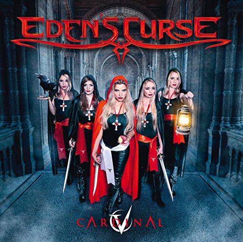 Five women in red cloaks stand in a gothic stone hallway.