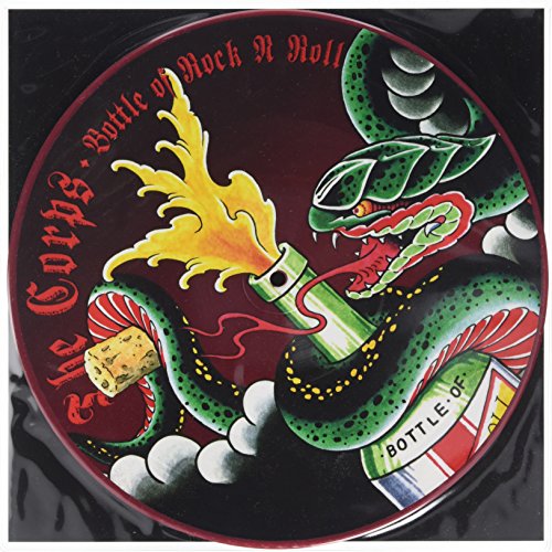 10-inch vinyl record with a snake, bottle, and flames tattoo design.