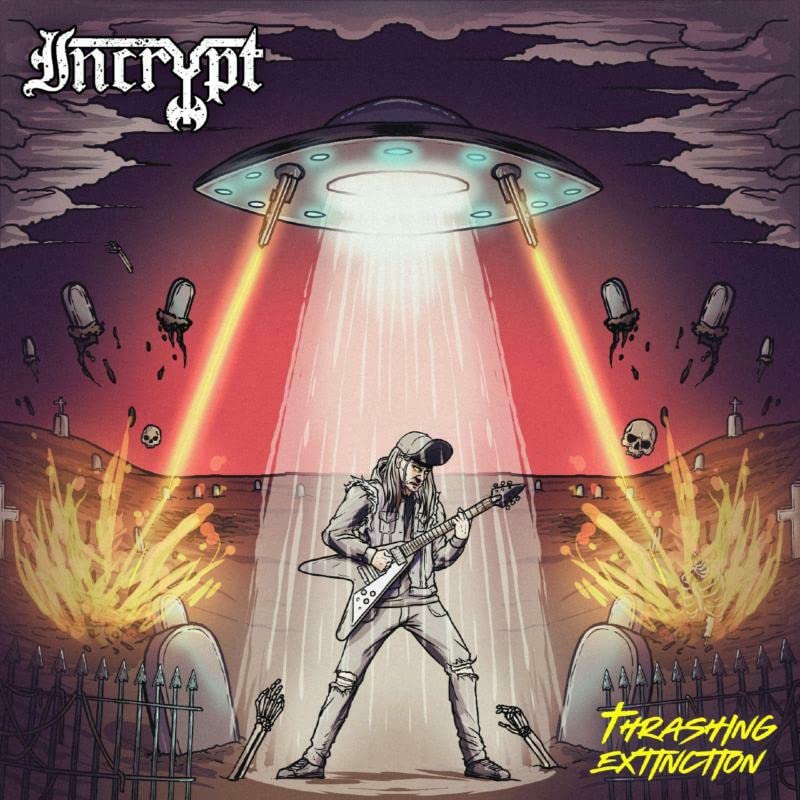 Album cover: guitarist playing under a UFO with burning landscapes.