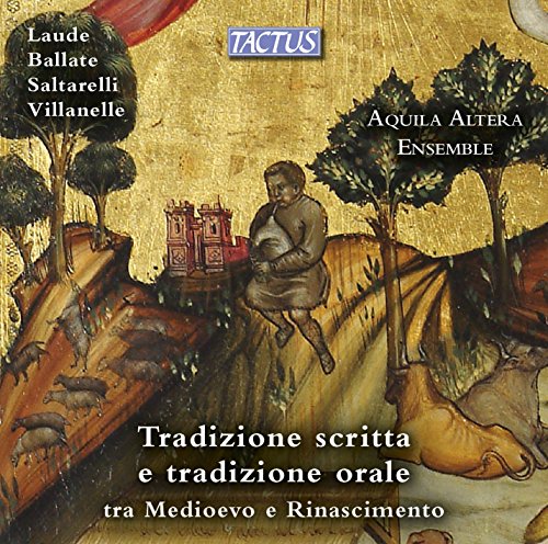 "CD cover featuring medieval painting of a man playing a drum in a landscape."