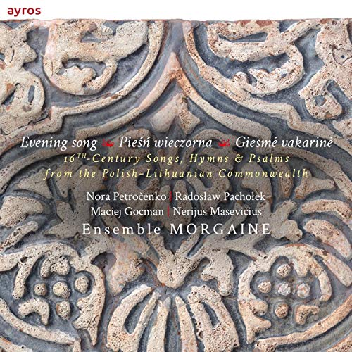 "CD cover with ornate stone background and white text listing Ensemble Morgaine and song titles."