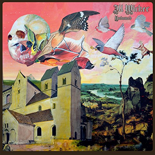 "Album cover art: surreal scene with church, skull, and birds against pink sky."