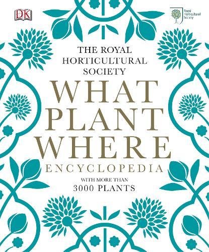 "Book cover with 'What Plant Where Encyclopedia' title, surrounded by teal floral patterns on white."