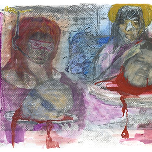 The image depicts a mixed-media artwork featuring two women with exposed breasts on plates. For accessibility purposes, a suitable alt text could be: "Mixed-media artwork of two women with breasts on plates, abstract background."