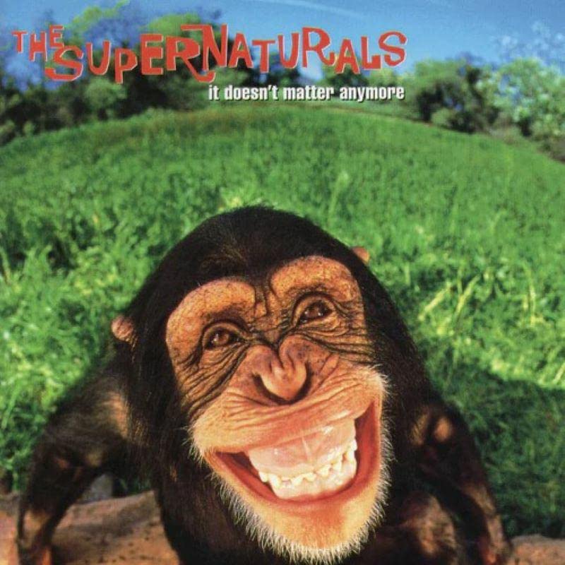 Album cover featuring a chimpanzee smiling widely in a green field.