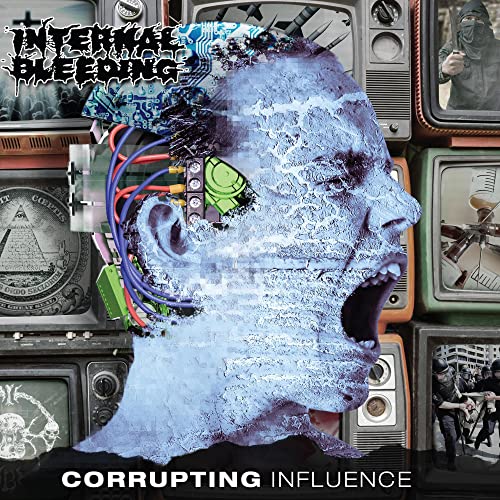 CD cover: distorted face with circuitry, televisions, and masked figures.