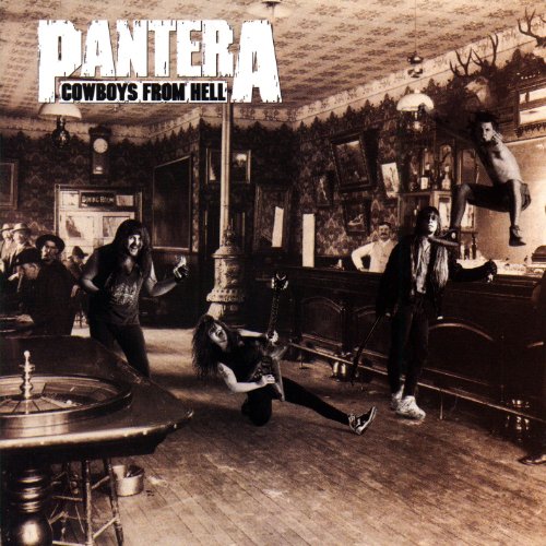 "Sepia-toned album cover with band members in a chaotic saloon scene."