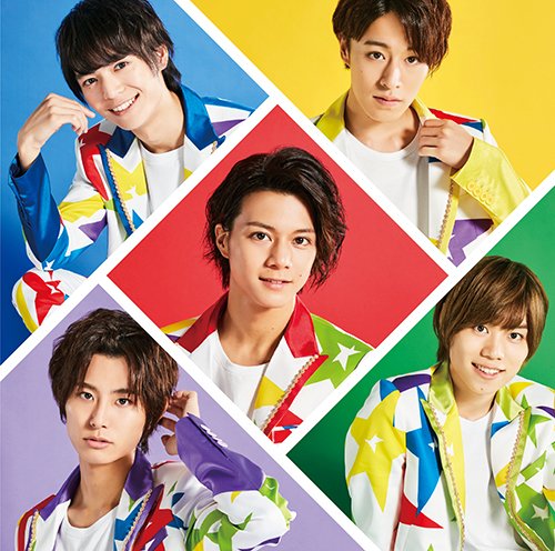 Four young men smiling, set against a colorful, geometric background.