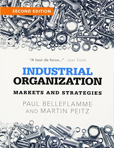 "Book cover with 'Industrial Organization' title, metal bolts, and 'Second Edition' banner."