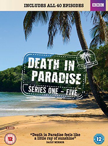 "Death in Paradise DVD cover featuring a beach scene with palm trees and a blue sky."