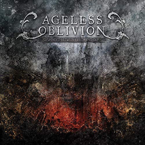 CD cover with ornate title, dark textured background, and fiery landscape.