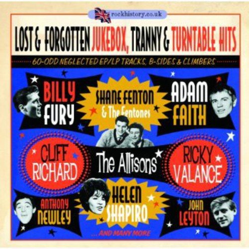 "Album cover with various artists' names and portraits on a blue background."