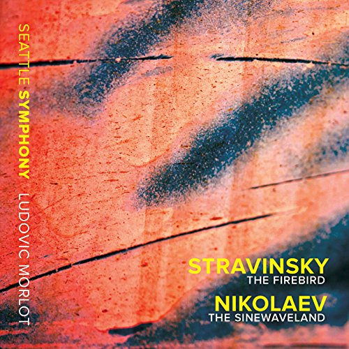 Seattle Symphony CD cover with abstract red and blue background and yellow and white text.