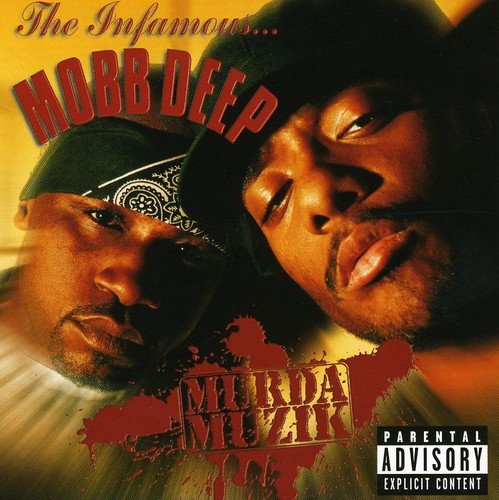 "Album cover with two men, red text, and 'Parental Advisory' label on a yellow background."