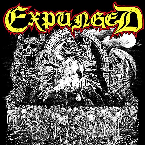 Black and white album cover with gothic archway, skeletons, and demonic figures.