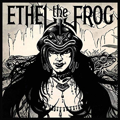 Black and white illustration of a woman with a frog helmet.