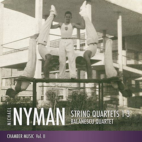 CD cover: black and white photo of gymnasts, text “Nyman String Quartets.”