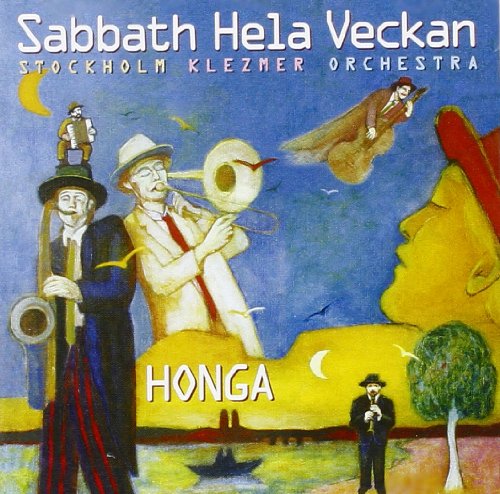 "Album cover art featuring musicians in a surreal, fantastical scene with text."