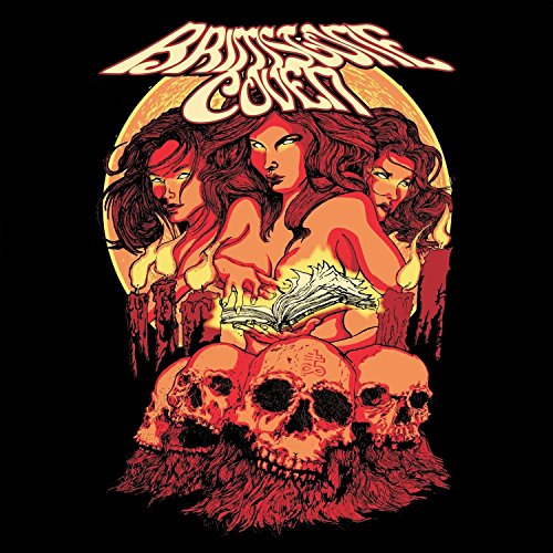 The image is a CD cover for "Brimstone Coven" with three witches and skulls.