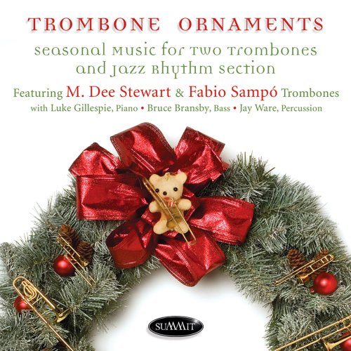 CD cover with a Christmas wreath, red bow, and trombone images.