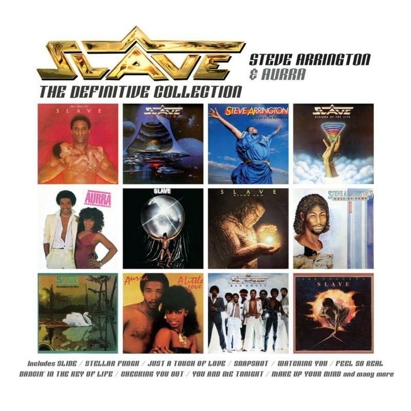 CD cover for Steve Arrington & Aurra’s “The Definitive Collection” featuring band photos.
