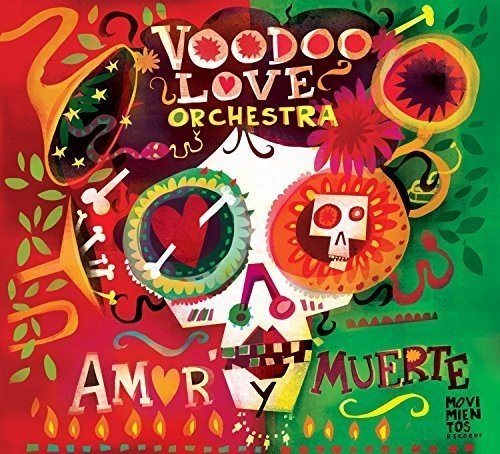 "Album cover with colorful skull, musical notes, and 'Voodoo Love Orchestra' text on red and green background."