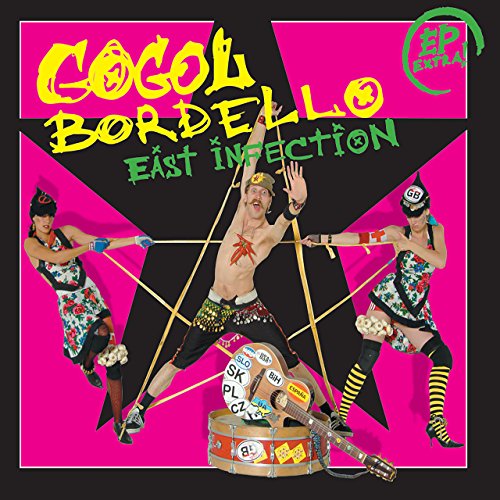 "Album cover with three dancing performers and a drum on a pink background."