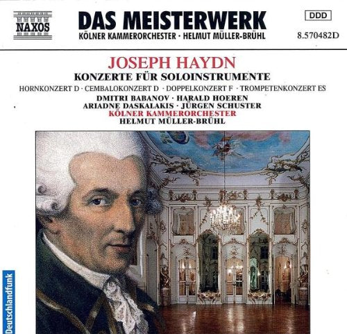 "CD cover featuring a portrait of Joseph Haydn and an ornate ballroom scene."