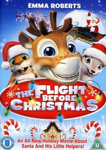 "Animated DVD cover featuring a reindeer and Santa, with festive holiday elements and text."
