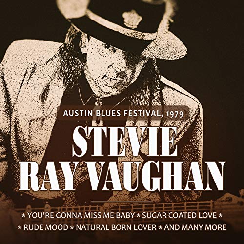 Stevie Ray Vaughan CD cover, sepia tone, hat, guitar, text overlay.